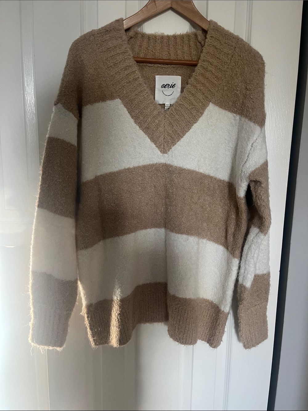 aerie Cream and Tan Striped V-Neck Sweater